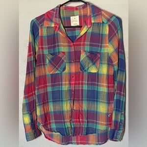 American Eagle 100% Cotton Bright Multicolored Plaid Boyfriend Fit shirt XS
